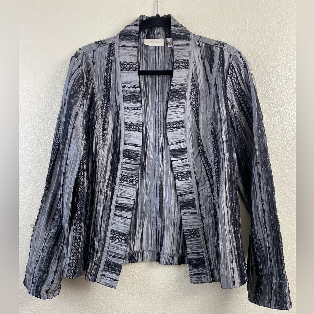 Chico’s Gray Black Textured Sequin Open Front Blazer Cardigan Size M